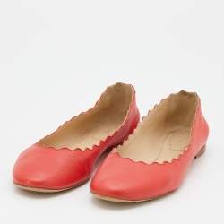 Chloe Coral Red Leather Lauren Scalloped Ballet Flats Size 36.5