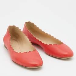 Chloe Coral Red Leather Lauren Scalloped Ballet Flats Size 36.5