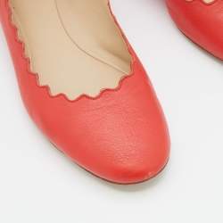 Chloe Coral Red Leather Lauren Scalloped Ballet Flats Size 36.5