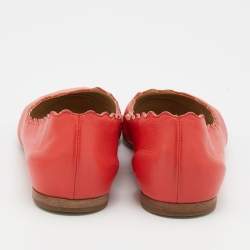 Chloe Coral Red Leather Lauren Scalloped Ballet Flats Size 36.5
