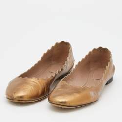 Chloe Gold Leather Lauren Scalloped Ballet Flats Size 36.5