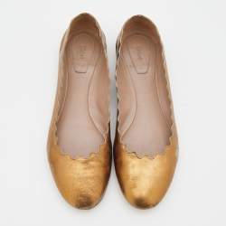 Chloe Gold Leather Lauren Scalloped Ballet Flats Size 36.5