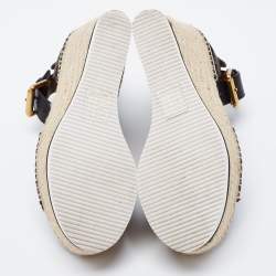 Pre Owned See by Chloe Black Suede Floral Laser-Cut Platform Wedge Espadrille Sandals Size 35