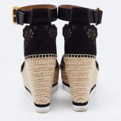 Pre Owned See by Chloe Black Suede Floral Laser-Cut Platform Wedge Espadrille Sandals Size 35