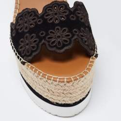 Pre Owned See by Chloe Black Suede Floral Laser-Cut Platform Wedge Espadrille Sandals Size 35
