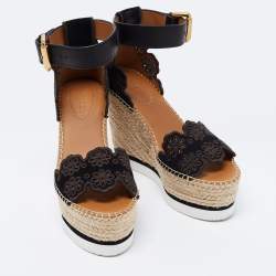 Pre Owned See by Chloe Black Suede Floral Laser-Cut Platform Wedge Espadrille Sandals Size 35