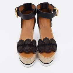 Pre Owned See by Chloe Black Suede Floral Laser-Cut Platform Wedge Espadrille Sandals Size 35