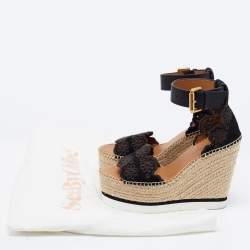 Pre Owned See by Chloe Black Suede Floral Laser-Cut Platform Wedge Espadrille Sandals Size 35