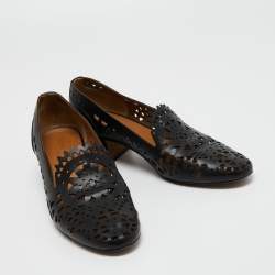 Pre Owned Chloe Black Laser Cut Out Leather Block Heel Pumps Size 41.5