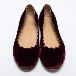 Pre Owned Chloe Burgundy Velvet Scalloped Edge Ballerina Ballet Flats Size 41
