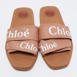 Pre Owned Chloe Light Brown Logo Canvas Woody Flat Slides Size 42