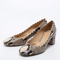 Pre Owned Chloe Beige Python Embossed Leather Block Heel Pumps Size 37