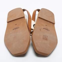 Pre Owned Chloe Brown/Off White Leather and Logo Canvas Woody Flat Thong Sandals Size 36