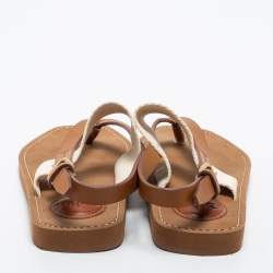 Pre Owned Chloe Brown/Off White Leather and Logo Canvas Woody Flat Thong Sandals Size 36