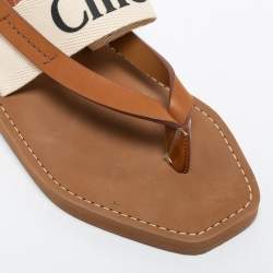 Pre Owned Chloe Brown/Off White Leather and Logo Canvas Woody Flat Thong Sandals Size 36