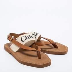 Pre Owned Chloe Brown/Off White Leather and Logo Canvas Woody Flat Thong Sandals Size 36