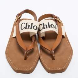 Pre Owned Chloe Brown/Off White Leather and Logo Canvas Woody Flat Thong Sandals Size 36