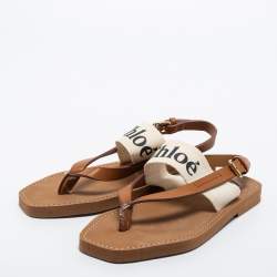 Pre Owned Chloe Brown/Off White Leather and Logo Canvas Woody Flat Thong Sandals Size 36