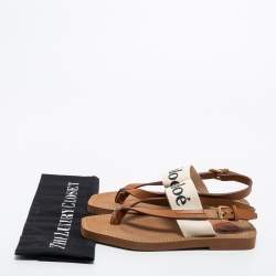 Pre Owned Chloe Brown/Off White Leather and Logo Canvas Woody Flat Thong Sandals Size 36