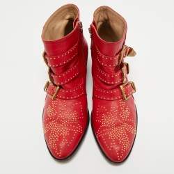 Pre Owned Chloe Red Leather Susanna Studded Ankle Length Boots Size 37.5