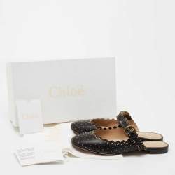 Pre Owned Chloe Black Studded Leather Round Toe Flat Mules Size 36