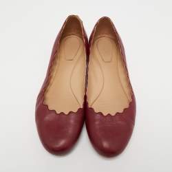 Pre Owned Chloe Burgundy Leather Scalloped Ballet Flats Size 39