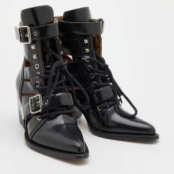 Pre Owned Chloe Black Leather Rylee Buckle Detail Ankle Boots Size 40