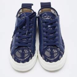 Chloe Navy Blue Lace and Leather Lauren Low Top Sneakers Size 39