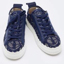 Chloe Navy Blue Lace and Leather Lauren Low Top Sneakers Size 39