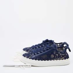 Chloe Navy Blue Lace and Leather Lauren Low Top Sneakers Size 39