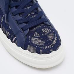 Chloe Navy Blue Lace and Leather Lauren Low Top Sneakers Size 39