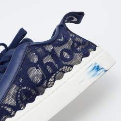 Chloe Navy Blue Lace and Leather Lauren Low Top Sneakers Size 39