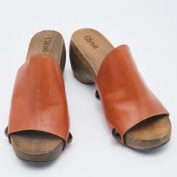 Chloe Brown Leather Peep Toe Clogs Size 36