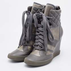 Chloe Grey Snakeskin and Quilted Leather Wedge Sneakers Size 37.5