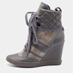 Chloe Grey Snakeskin and Quilted Leather Wedge Sneakers Size 37.5