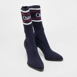 Pre Owned Chloe Navy Blue Knit Fabric Tracy Sock Booties Size 41