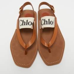 مملوكة مسبقًا Chloe Beige/Cream Leather and Canvas Woody Slingback Sandals Size 41