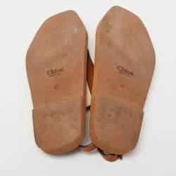 Pre Owned Chloe Tan/White Leather and Logo Print Canvas Woody Thong Flat Sandals Size 37