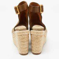 Chloe Two Tone Leather and Suede Open Toe Espadrille Wedge Platform Ankle Strap Sandals Size 36