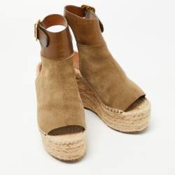 Chloe Two Tone Leather and Suede Open Toe Espadrille Wedge Platform Ankle Strap Sandals Size 36
