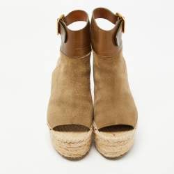 Chloe Two Tone Leather and Suede Open Toe Espadrille Wedge Platform Ankle Strap Sandals Size 36