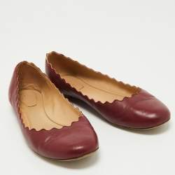 Pre Owned Chloe Burgundy Leather Scalloped Accent Ballet Flats Size 38