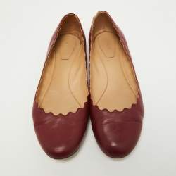 Pre Owned Chloe Burgundy Leather Scalloped Accent Ballet Flats Size 38