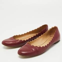 Pre Owned Chloe Burgundy Leather Scalloped Accent Ballet Flats Size 38