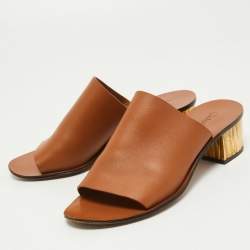 Chloe Brown Leather Block Heel Open Toe Mules Sandals Size 39