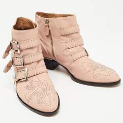 Pre Owned Chloe Pink Studded Leather Susanna Ankle Boots Size 38