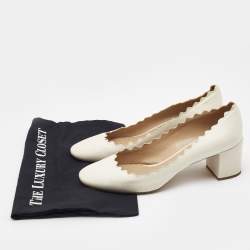 Pre Owned Chloe Cream Scalloped Leather Lauren Block Heel Pumps Size 40.5