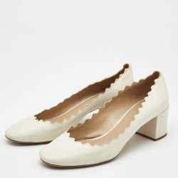 Pre Owned Chloe Cream Scalloped Leather Lauren Block Heel Pumps Size 40.5