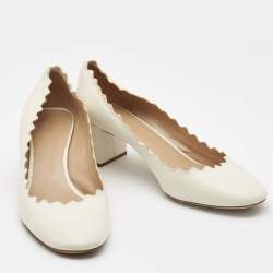 Pre Owned Chloe Cream Scalloped Leather Lauren Block Heel Pumps Size 40.5