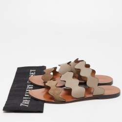 Chloe Grey  Leather and Suede Lauren Wavy Three Strap Flat Slides Size 37.5